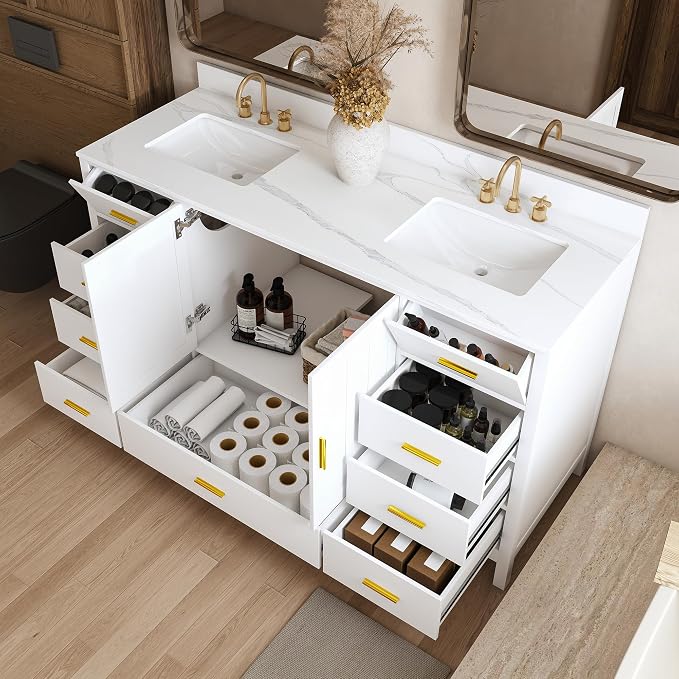 Montary 60" Bathroom Vanity with 2 Sinks & 61" Carrara Quartz Top | with 6 Pre-Drilled Faucet Holes, Solid Wood Cabinet, Soft-Close Double Doors & 9 Smooth-Glide Drawers,White