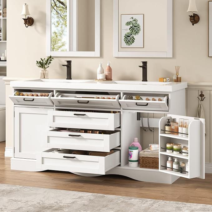 59" Bathroom Vanities Cabinet with Double Sink Combo,Modern Undermount Vanity Sink Cabinet with 2 Storage Doors and 3 Drawers,High Freestanding Bathroom Storage Cabinet with 3 Flip-top Drawers(White)