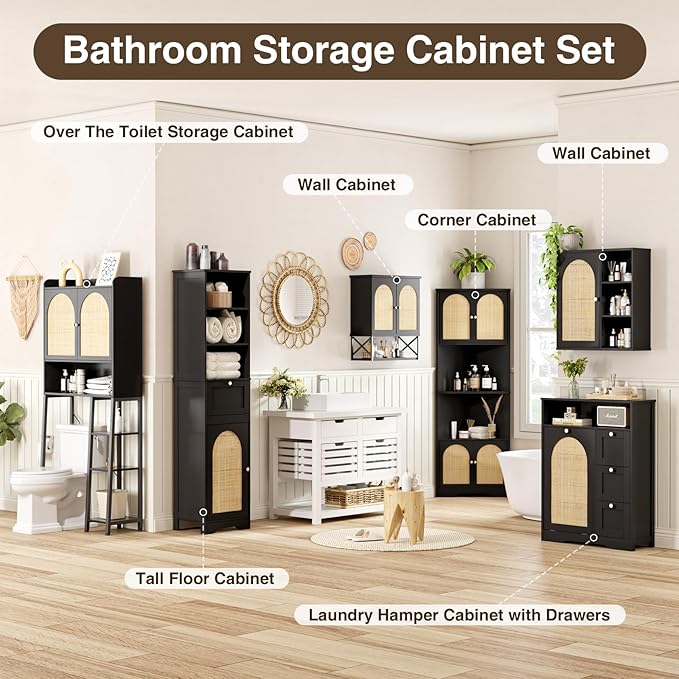 Tall Narrow Rattan Bathroom Storage Cabinet with Doors and Drawers, Black | Freestanding Skinny Tower Linen Cabinet, Rattan Door, Rattan Drawer, Adjustable Shelves, Open Storage, for Kitchen, Bathroom