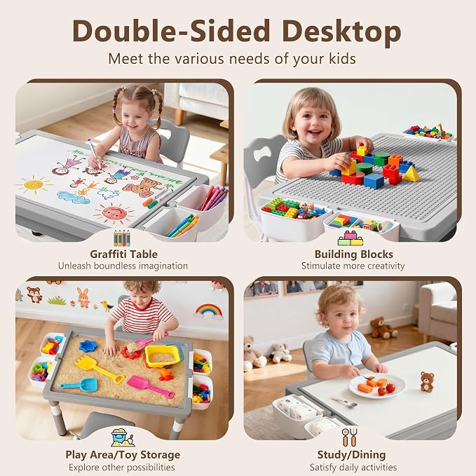 Kinder King Kids Table & 2 Chairs Set, Adjustable Heights, Storage, Grey