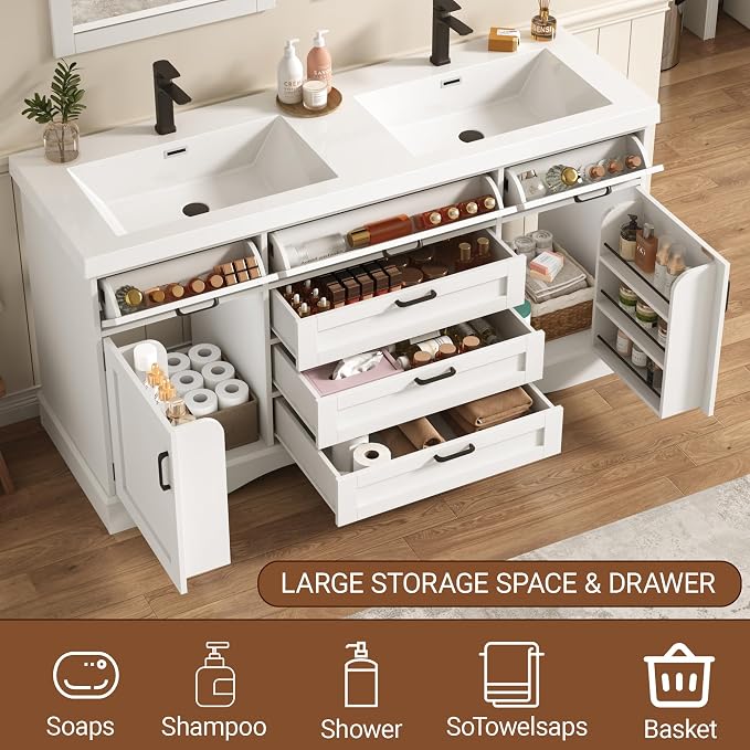 59" Bathroom Vanities Cabinet with Double Sink Combo,Modern Undermount Vanity Sink Cabinet with 2 Storage Doors and 3 Drawers,High Freestanding Bathroom Storage Cabinet with 3 Flip-top Drawers(White)