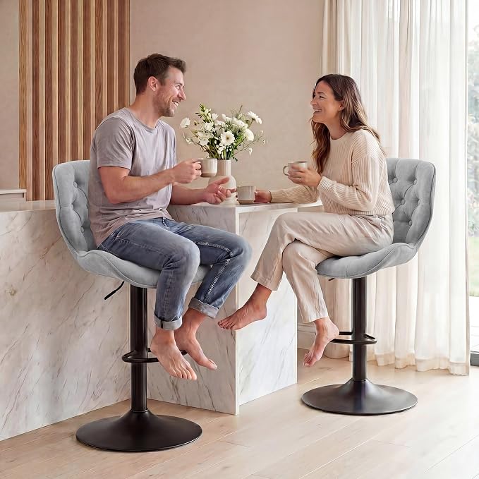 GRUSIGN Bar Stools Set of 4, Modern Swivel Adjustable Bar Chairs, Chenille Fabric Upholstered Counter Height Bar Stools with Backrest, Comfort Barstools for Kitchen Island, Home Bar, Grey
