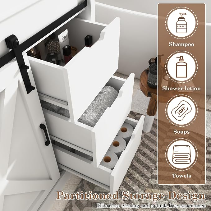 chartustriable 36 Inch Bathroom Vanity with Sink & Faucet & Mirror, Farmhouse Bathroom Vanity Cabinet Set with Sliding Barn Door & Drawers, Small Single Bath Storage Vanity Sink, White
