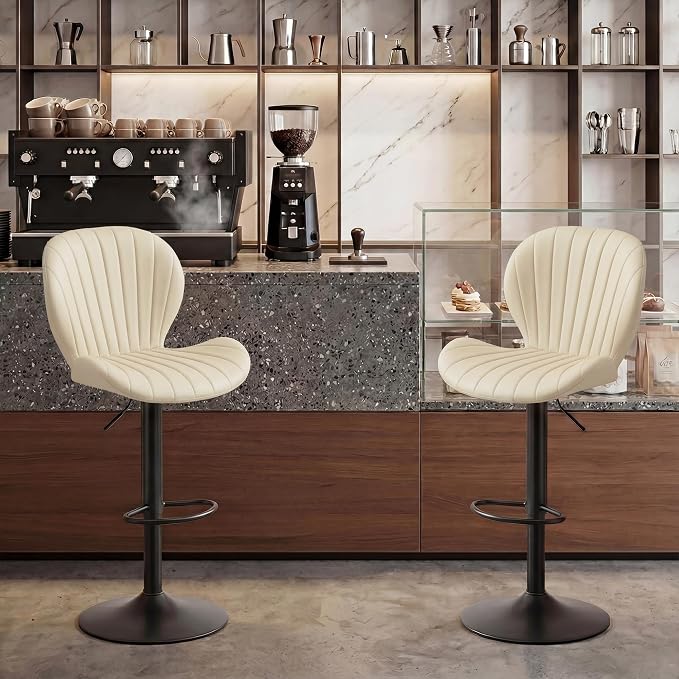GRUSIGN Bar Stools Set of 4, Modern Swivel Adjustable Bar Chairs, Faux Leather Upholstered Counter Height Bar Stools with Backrest, Comfort Barstools for Kitchen Island, Home Bar, Beige