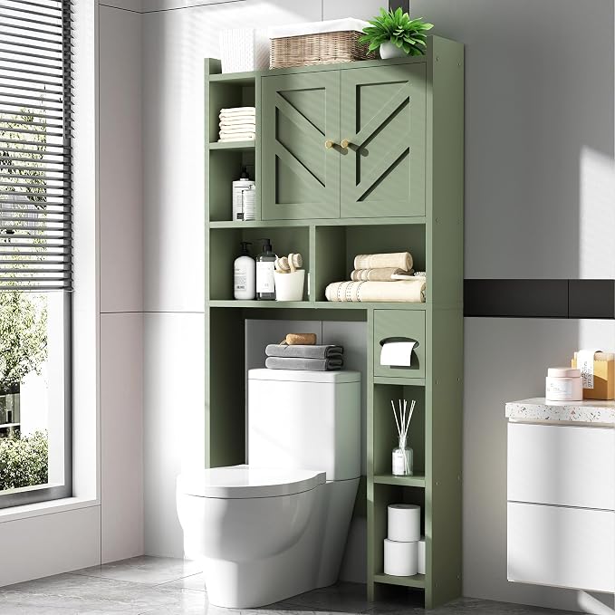 Over The Toilet Storage Cabinet, 64.6" Tall Bathroom Organizer Space Saver with Toilet Paper Holder & Adjustable Shelf, Freestanding Wood Cabinet for Small Space, Green