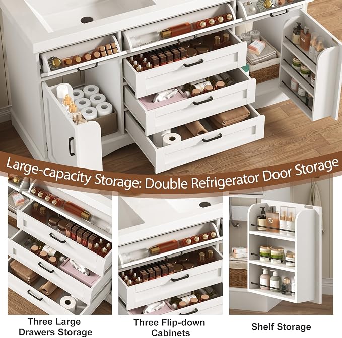 59" Bathroom Vanities Cabinet with Double Sink Combo,Modern Undermount Vanity Sink Cabinet with 2 Storage Doors and 3 Drawers,High Freestanding Bathroom Storage Cabinet with 3 Flip-top Drawers(White)