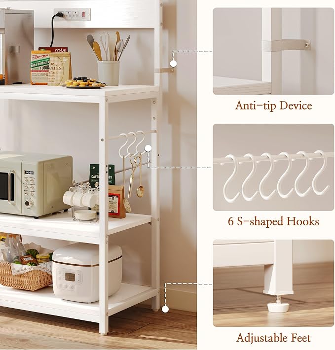 SUPERJARE Bakers Rack with Power Outlets, Microwave Stand, 31.5 X 16.5 Inch Larger Desktop, Kitchen Storage Rack with Adjustable Middle Shelf, 6 S-Shaped Hooks, Coffee Bar Stand, White