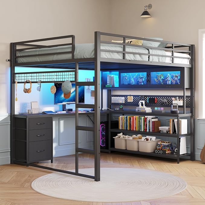 ADORNEVE Gaming Loft Bed Full Size with Desk, Arcylic RGB Hutch, Black
