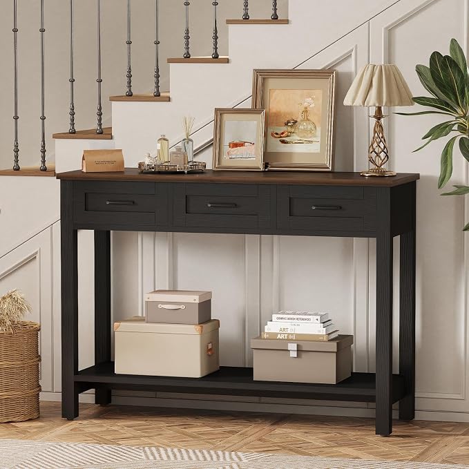 YOSHOOT 45" Farmhouse Entryway Console Table, Desk Behind the Couch with 3 Drawers and 2-Tier Shelves, Narrow Sofa Table for Hallway, Bedroom, Living Room, Black Brown