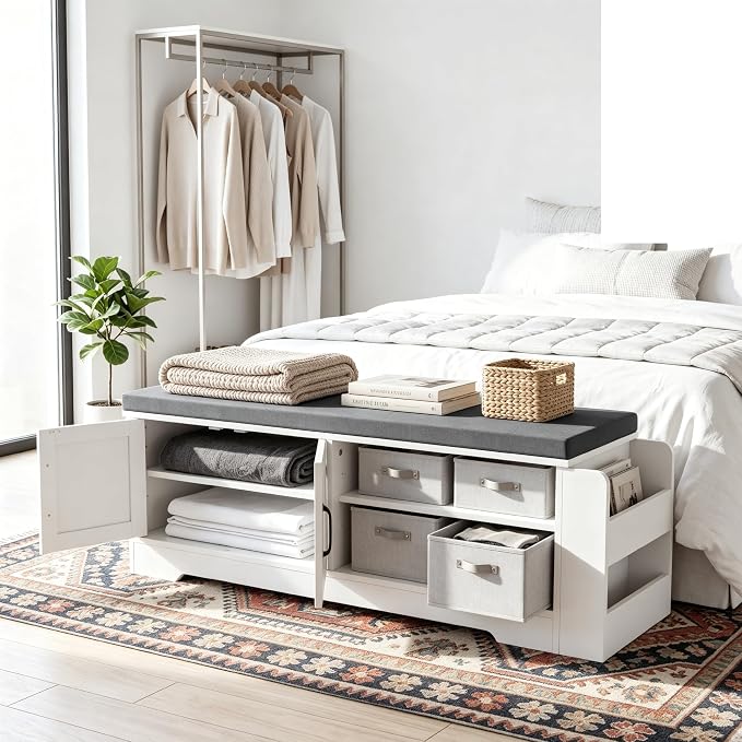 Farmhouse Shoe Storage Bench with 3-in-1 Entryway Storage & Padded Seat