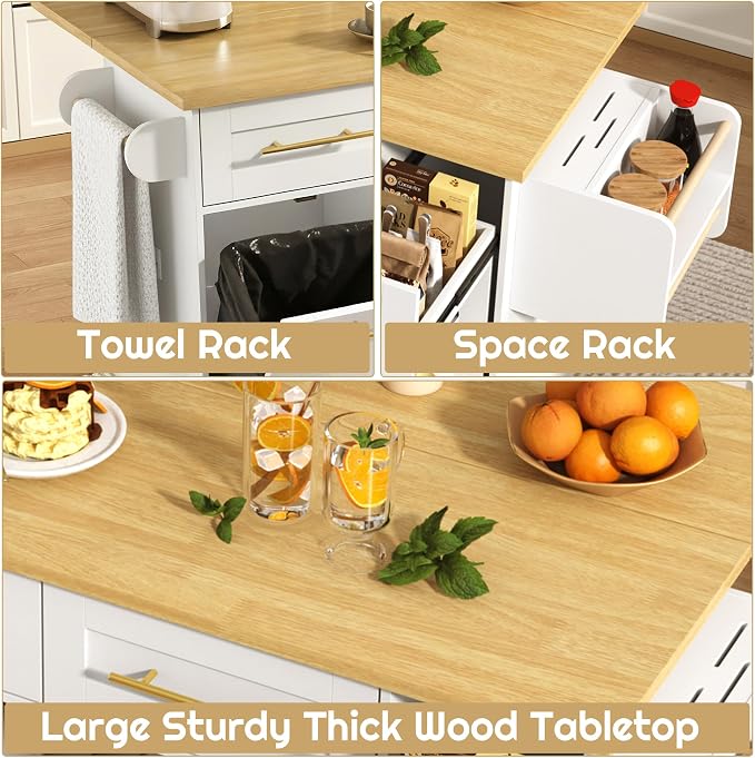 St.Mandyu 69" Large Kitchen Island on Wheels, Kitchen Rolling Island Cart with Trash Storage Cabinet, Power Outlet, 3-Tier Pull-Out Storage Trays, Drop Leaf, Mobile Island Table for Kitchen, White