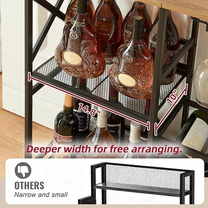 MNEETRUNG Wine Bar Cart, Rustic Freestanding Wine Rack with Glass Holder and Fence, Bar Cabinet with 2 Tier Storage, Liquor Shelf for Home Bar, Rustic Brown