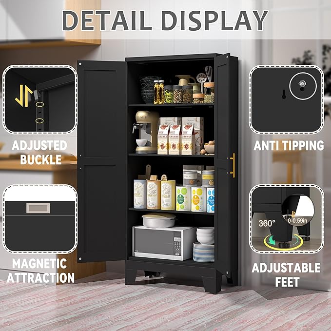 GAIOUS 61.02" Kitchen Pantry Cabinet, Black Metal Pantry Storage Cabinet | with 2 Doors and Adjustable Shelves, Food Storage for Kitchen, Living Room, Bedroom, Dining Room Sideboard Cupboard