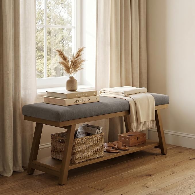 Zihanhome 45" Entryway Bench Upholstered Storage Bench for Bedroom(Grey)