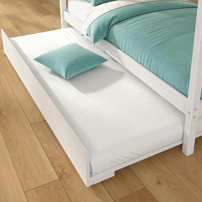 Grain & Grove Bear Twin Over Twin Bunk Bed with Trundle Bed, Sturdy Bunk Bed Frame for Kids, Plywood Bunk with Ladder, Guardrail, and Slats, No Box Spring Required, Brushed White