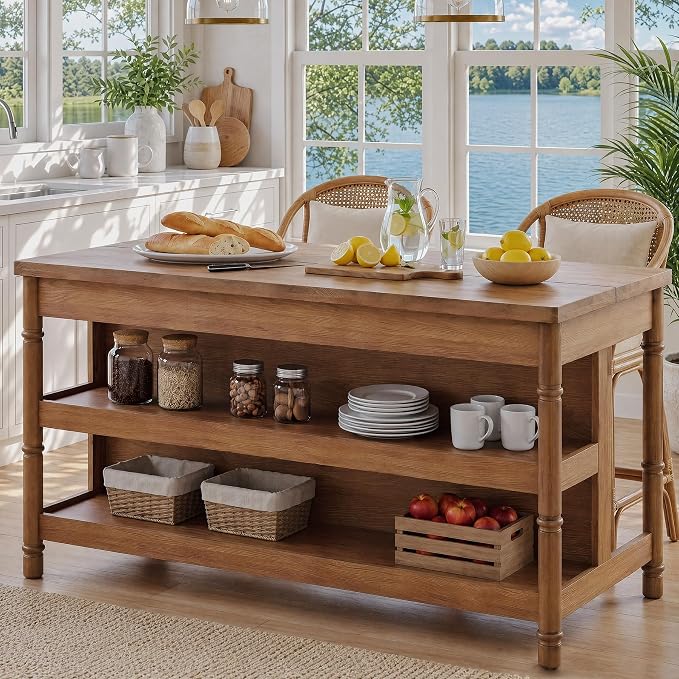 63" Solid Wood Kitchen Island Table with Storage & Seating