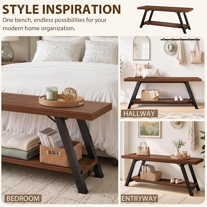 LVB Industrial Entryway Bench with Storage, Wood and Metal Bedroom Bench