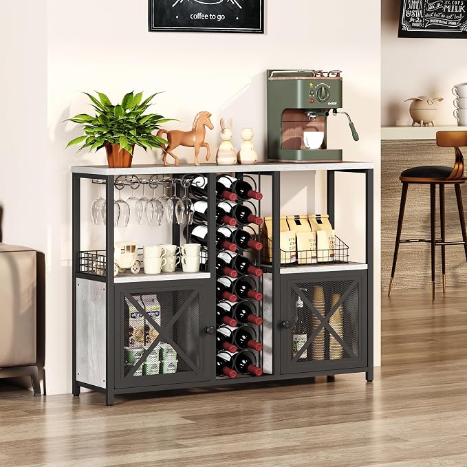 Homeiju Mini Bars for Home, Wooden Coffee Bar Cabinet, Modern Liquor Cabinet for Liquor and Glasses, Farmhouse Buffet Wine Bar Cabinet with Storage Sideboard for Home Kitchen Dining Room (Light Grey)