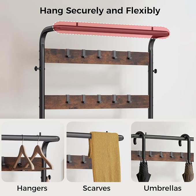 DUMOS 5-in-1 Hall Tree with Coat Rack and Shoe Bench, Industrial Entryway Storage Organizer with Top Hanging Rod, 10 Movable Hooks & Side Hooks, Mudroom Bench with 2-Tier Shoe Rack, Dark Brown