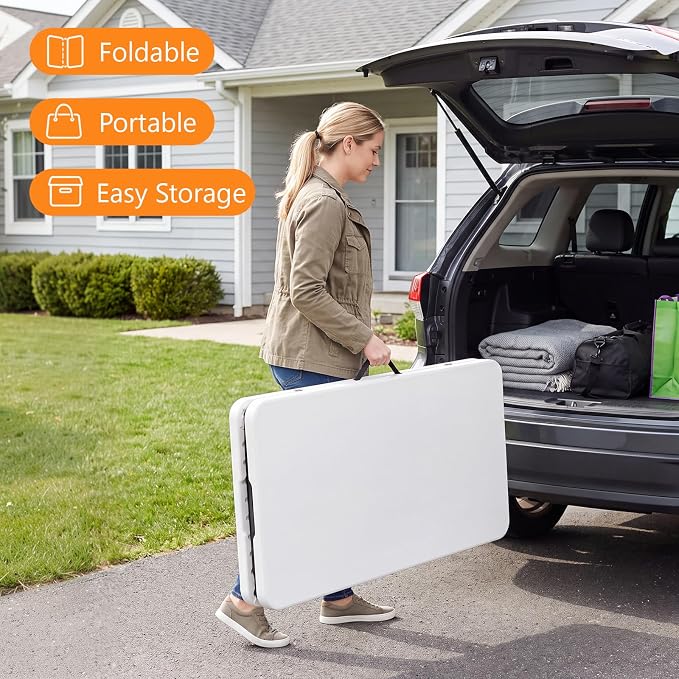 6 Foot Folding Table, Fold-in-Half Utility Table with Carrying Handle, 6FT Heavy Duty Portable Table for Party, Wedding, Picnic, Camping, Indoor & Outdoor, White