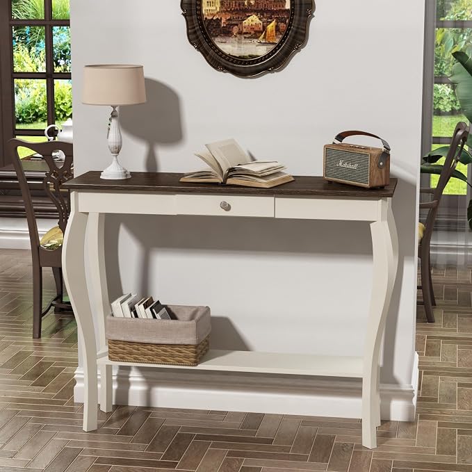 ChooChoo 39" Narrow Farmhouse Entryway Table with Drawer, Soft White
