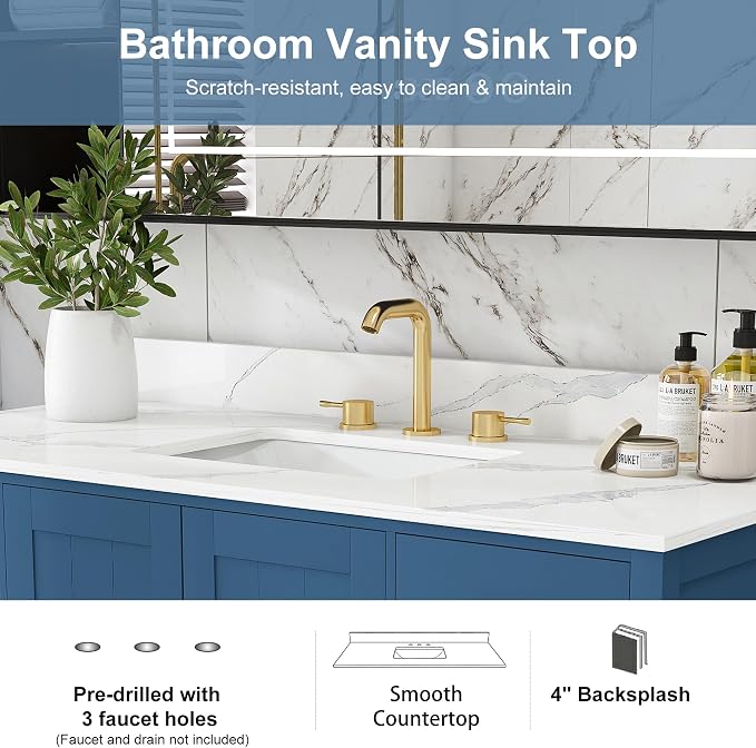 Montary 48" Bathroom Vanity with Sink & 49" Carrara Quartz Top | with 3 Pre-Drilled Faucet Holes, Solid Wood Cabinet, Soft-Close Double Doors & 9 Smooth-Glide Drawers,Blue