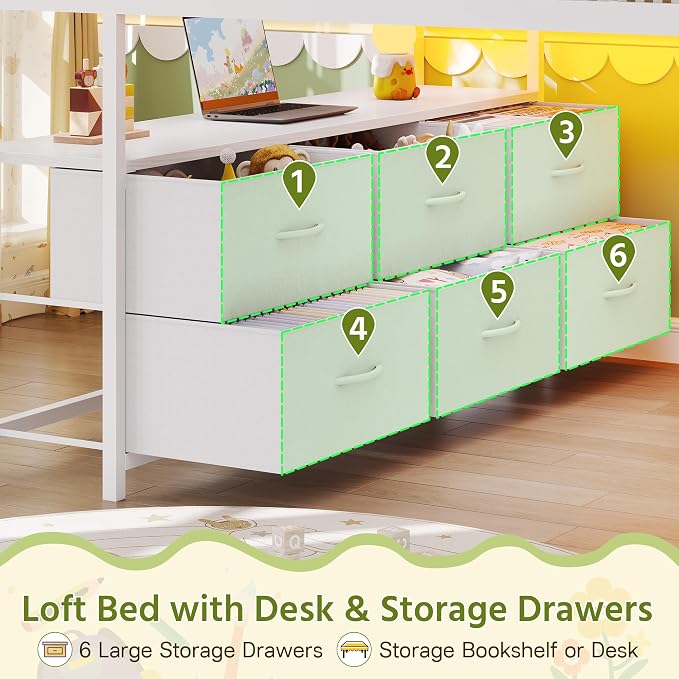 Dnxao Low Loft Bed Full Size with Desk and 9 Storage Drawers, White