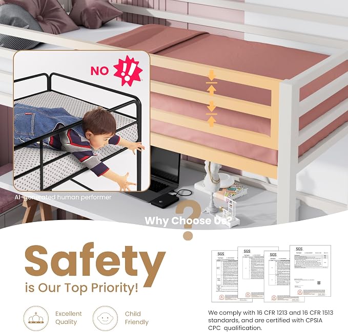 SHA CERLIN Loft Bed Twin Size with Ladder and Guardrail,White