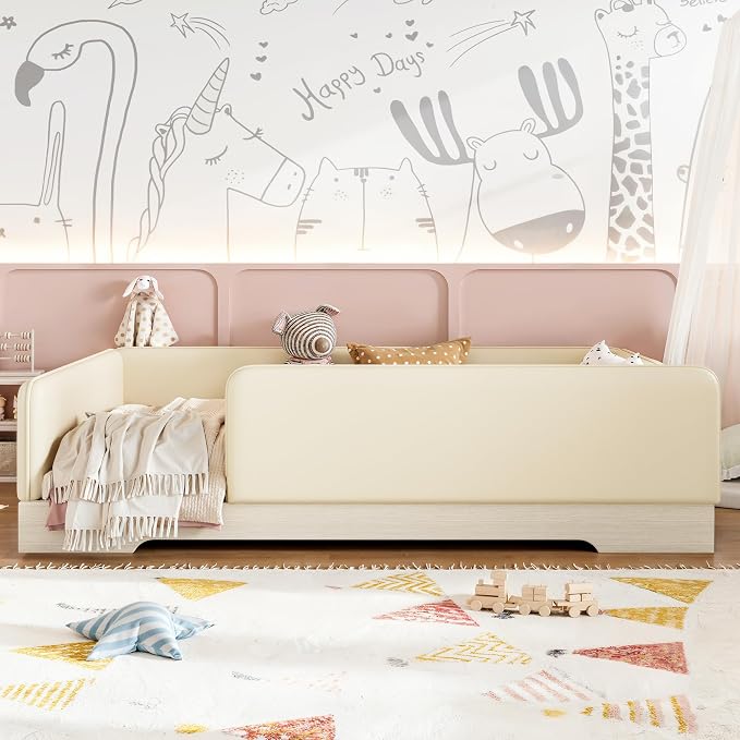 Bellemave Full Upholstered Montessori Floor Bed Frame with Guardrails,Beige