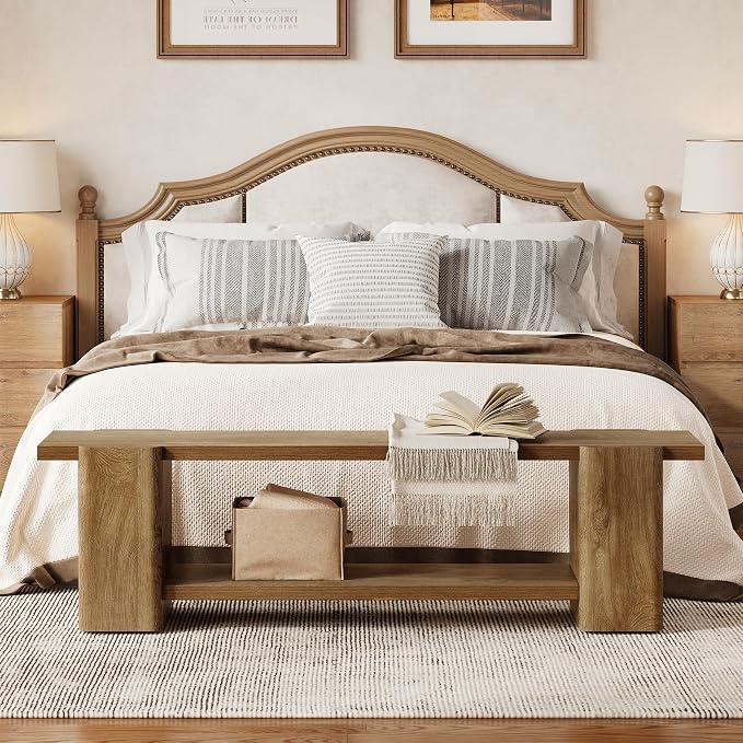 LITTLE TREE Wood Entryway Bench, 63" End of Bed Bench with Storage Shelf, Farmhouse Extra Long Shoe Bench for Entryway, Dining Room, Hallway, Living Room, Bedroom, Double-Reinforced Legs, Natural Oak