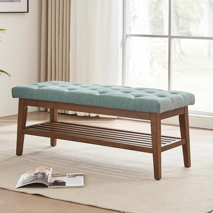 HUIMO Upholstered Entryway Shoe Bench, Button Tufted End of Bed Bench, Teal