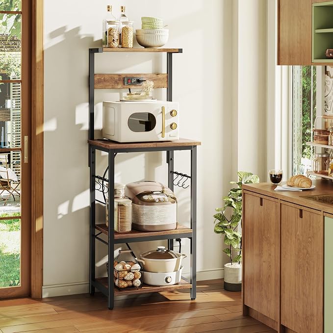 SUPERJARE 4 Tier Bakers Rack with Power Outlets, Microwave Stand with Adjustable Shelf, Kitchen Shelf Organizer for Small Space, Coffee Bar with 6 S Hooks, Kitchen Storage Rack, Rustic Brown