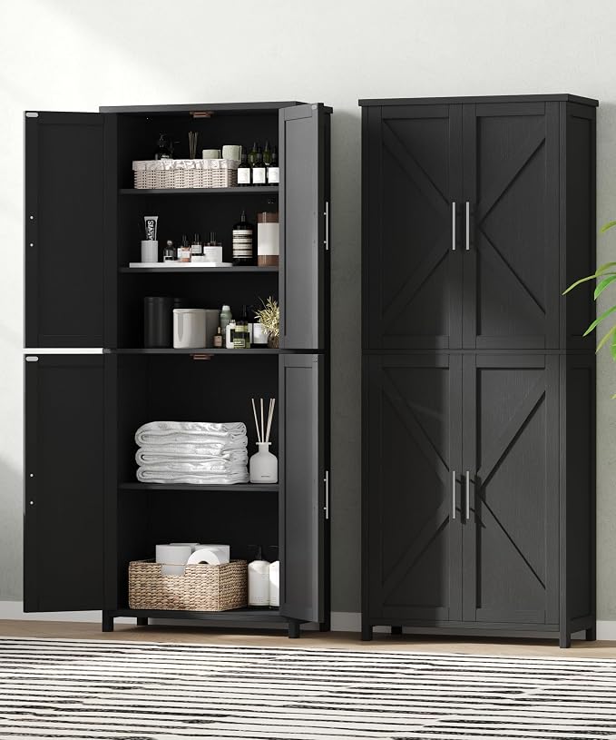 Akxomel 63''H Tall Farmhouse Bathroom Storage Cabinet with 4 Doors Black | Floor Storage Cabinet with Barn Doors, Adjustable Shelf, Pantry Cabinet for Kitchen, Laundry Room, Living Room, Entryway