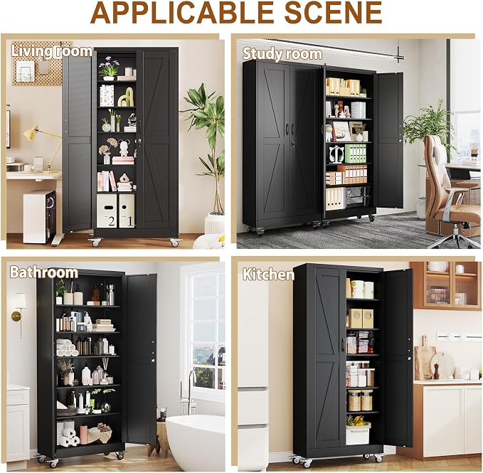 75" Metal Garage Storage Locker Cabinet with Wheels,Rolling Black Farmhouse Kitchen Pantry Cabinet with 2 Doors and 5 Adjustable Shelves, Steel File Tool Cabinet for Home Office Warehouse
