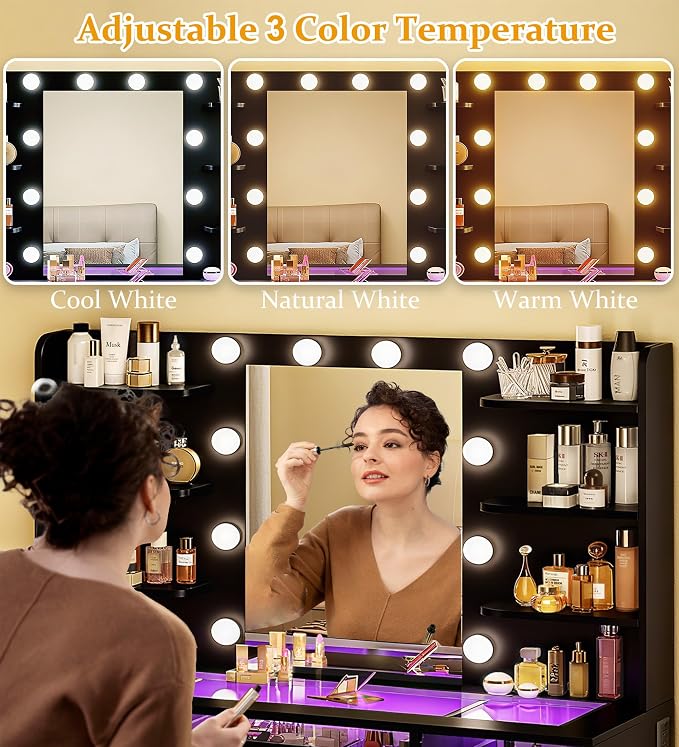 HUAHUU Vanity Desk, Makeup Vanity Desk with Mirror and Lights 3 Colors, Transparent Top with 3 RGB Drawers, 6 Shelves, 2 Large Tempered Cabinets, Power Outlet, for Bedroom, Black