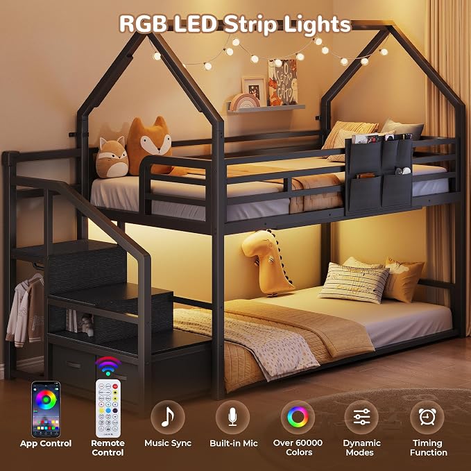 Jocoevol Metal Bunk Bed Twin Over Twin with Storage Staircase, Clothes Rack, LED Twin Bunk Beds for Kids with 2 Storage Drawers, Full-Length Guardrail, No Box Spring Needed, Easy Assembly, Black