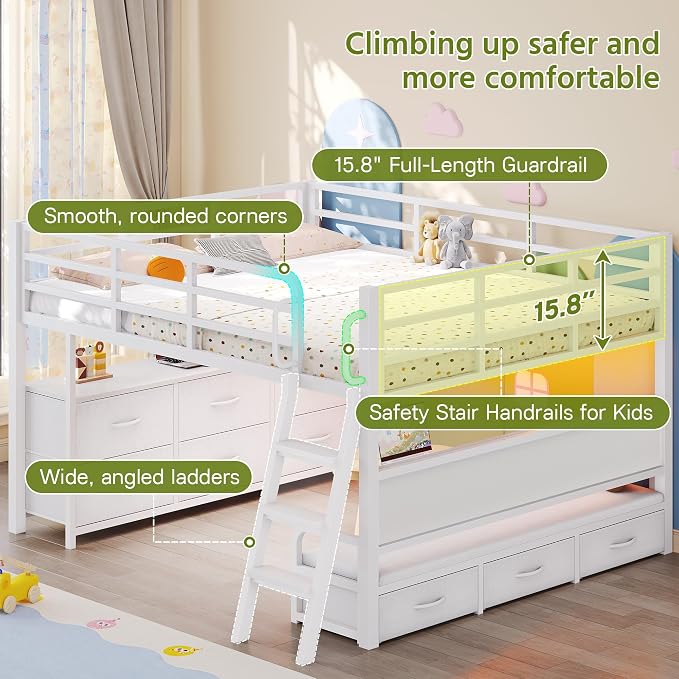 Dnxao Low Loft Bed Full Size with Desk and 9 Storage Drawers, White