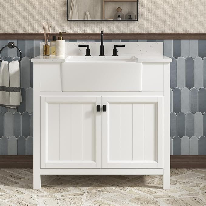 36 Inch Farmhouse Bathroom Vanity with Sink, White | Solid Wood Bathroom Sink Cabinet with Soft Close Doors, Single Sink Bathroom Vanity with Adjustable Feet, Apron Farm Sink