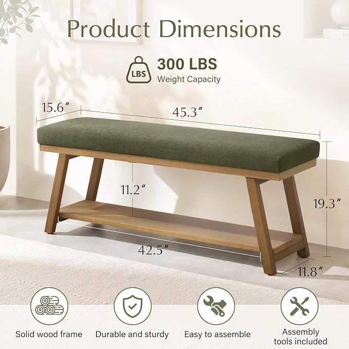 Zihanhome 45" Entryway Bench Upholstered Storage Bench for Bedroom(Green)