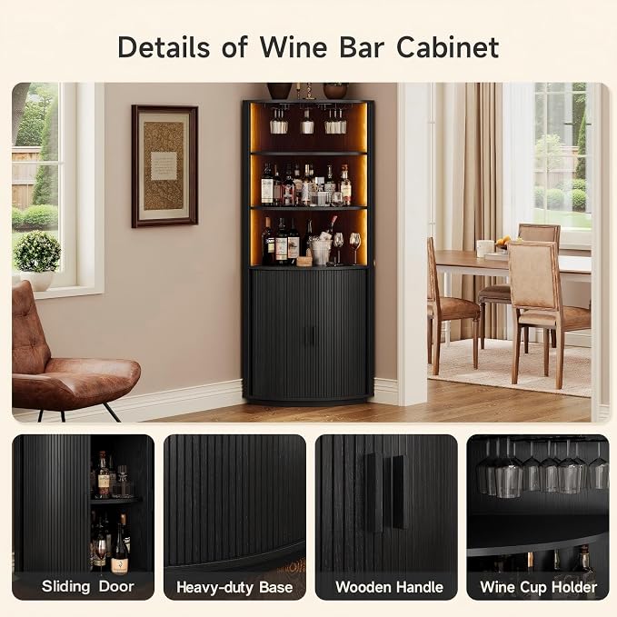 ONBRILL 72" Tall Corner Bar Cabinet with LED Light, Liquor Cabinets, Black