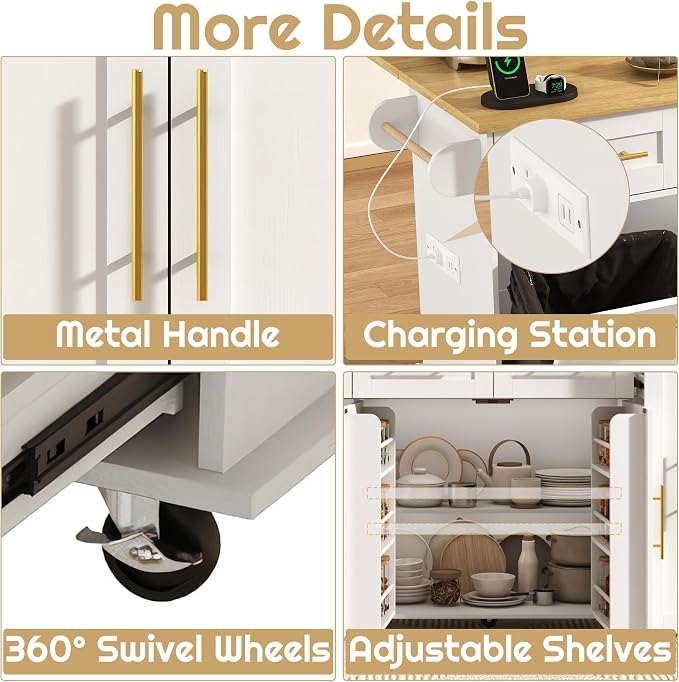 St.Mandyu 69" Large Kitchen Island on Wheels, Kitchen Rolling Island Cart with Trash Storage Cabinet, Power Outlet, 3-Tier Pull-Out Storage Trays, Drop Leaf, Mobile Island Table for Kitchen, White