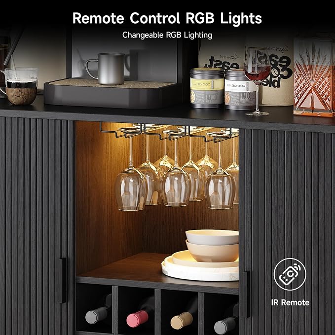 ONBRILL 55" Fluted Wine Bar Cabinet with LED Light Black