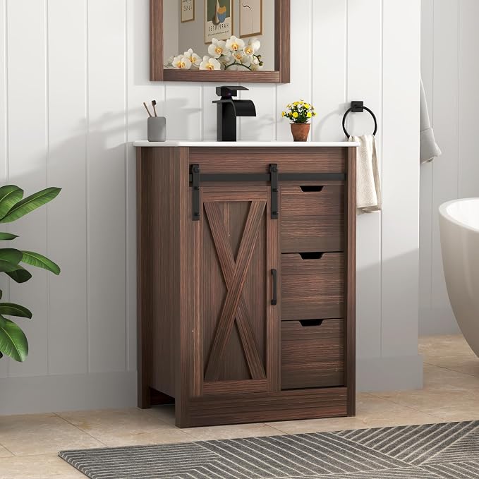 chartustriable 24 Inch Bathroom Vanity with Sink & Faucet & Mirror, Farmhouse Bathroom Vanity Cabinet Set with Sliding Barn Door & Drawers, Small Single Bath Storage Vanity Sink, Brown