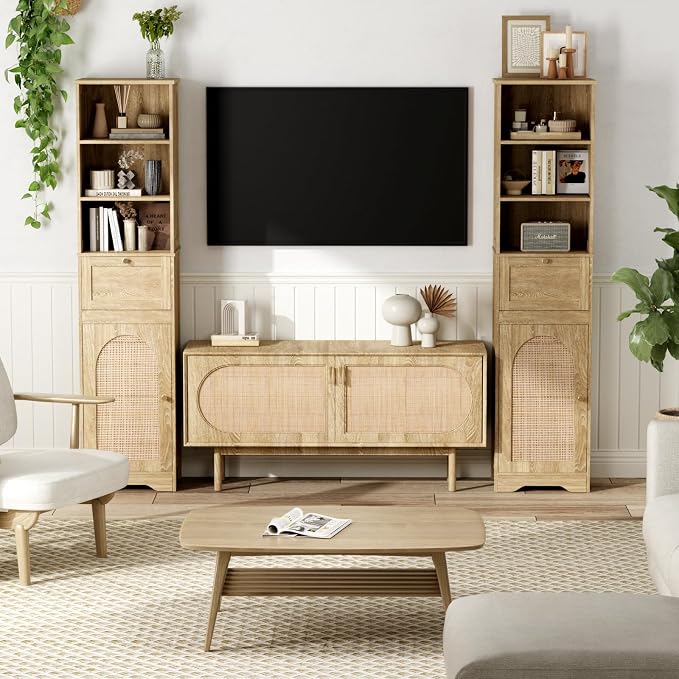Tall Narrow Rattan Bathroom Storage Cabinet with Doors and Drawers, Natural | Freestanding Skinny Tower Linen Cabinet, Rattan Door, Rattan Drawer, Adjustable Shelves, Open Storage, for Kitchen, Bathroom