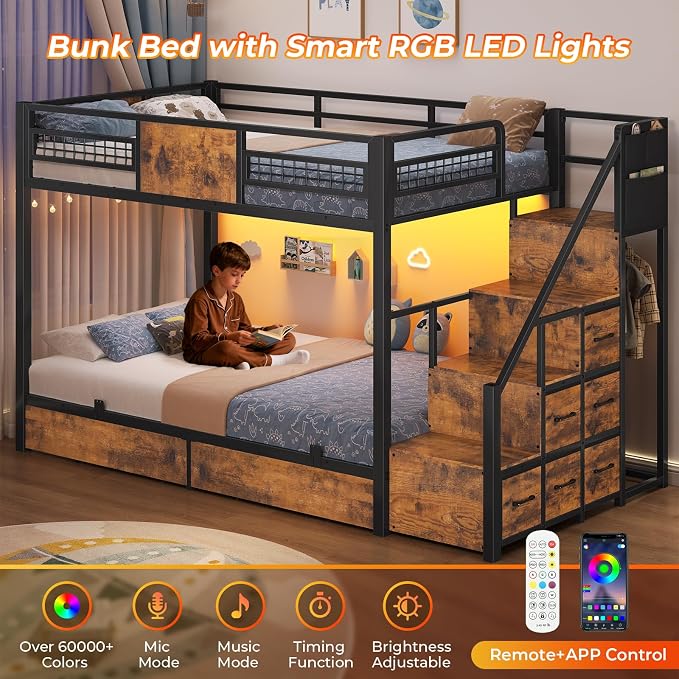 BTHFST Bunk Bed Twin Over Twin with Stairs, Storage Drawers and LED Lights