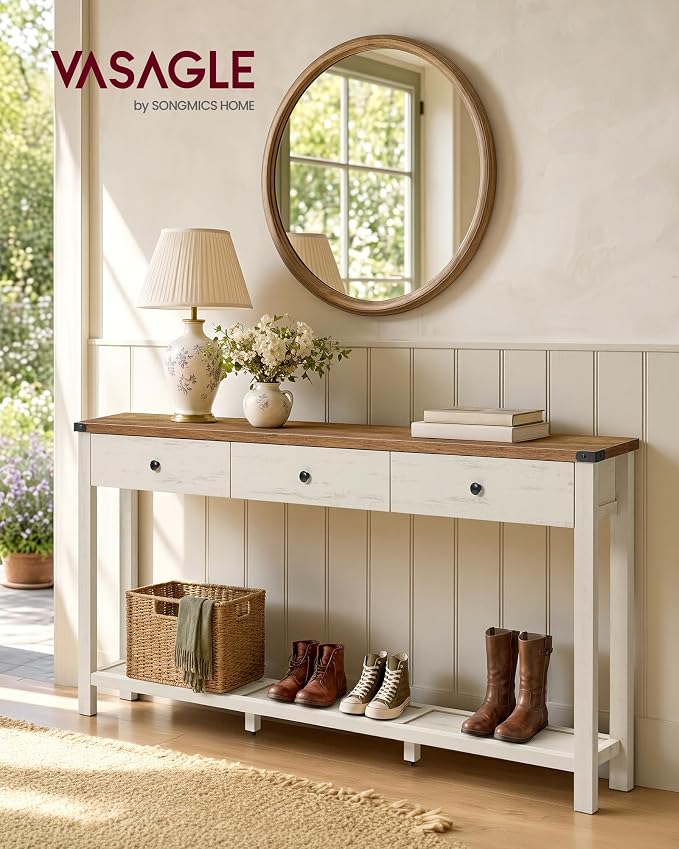 VASAGLE 63 Inche Narrow Console Table with 3 Drawers and Open Storage Shelf