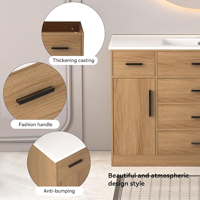 LUMISOL 48 Inch Bathroom Vanity with Sink, Freestanding Bathroom Vanity with Resin Sink, Tip-Out Drawer, Storage Drawers and 2 Soft-Closing Doors, Light Oak