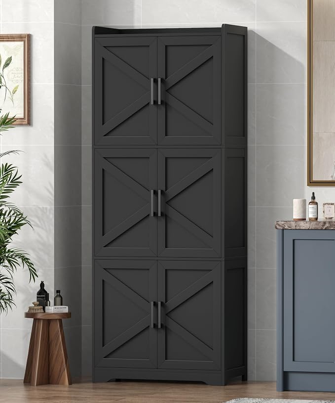 Akxomel Tall Bathroom Floor Cabinet with 6 Barn Door 60.2''H Pantry Black | 11.6''D x 22.6''W Linen Storage Cabinet with Adjustable Shelves, for Kitchen, Living Room, Entryway