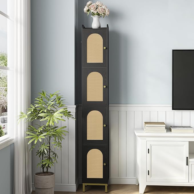 Hzuaneri 4-Tier Narrow Tall Storage Cabinet | Slim Bathroom Storage Cabinet with 4 Adjustable Feet and Shelves,for Living Room,Laundry Room,Rattan Black,11"Dx11"Wx70.9"H