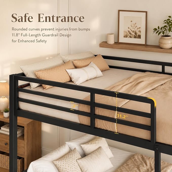 Feonase Metal Bunk Bed Full Over Full with Ladder and High Guardrail, Heavy-Duty Metal Slats Support, Noise Free, No Box Spring Needed, for Kids and Juniors, Vintage